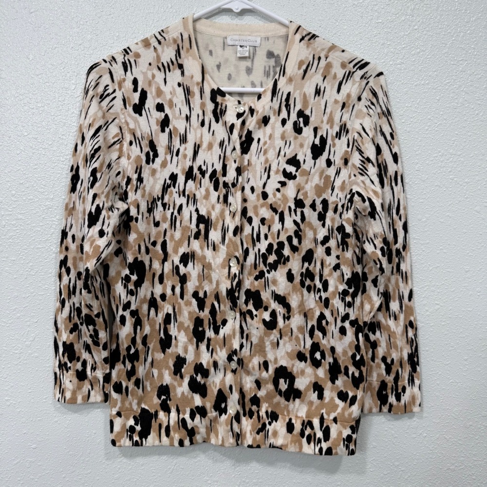 Charter Club Womens Cardigan Sweater M Leopard Print Beige Black Button Up